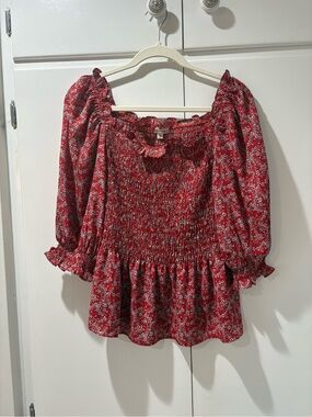 Max Studio Red Floral Smocked Peasant Blouse